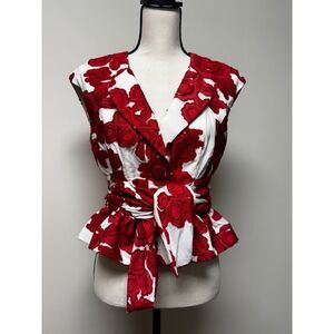 CYNTHIA STEFFE Vintage Red/White Floral Peplum Button/Tie Blouse, Sz 4